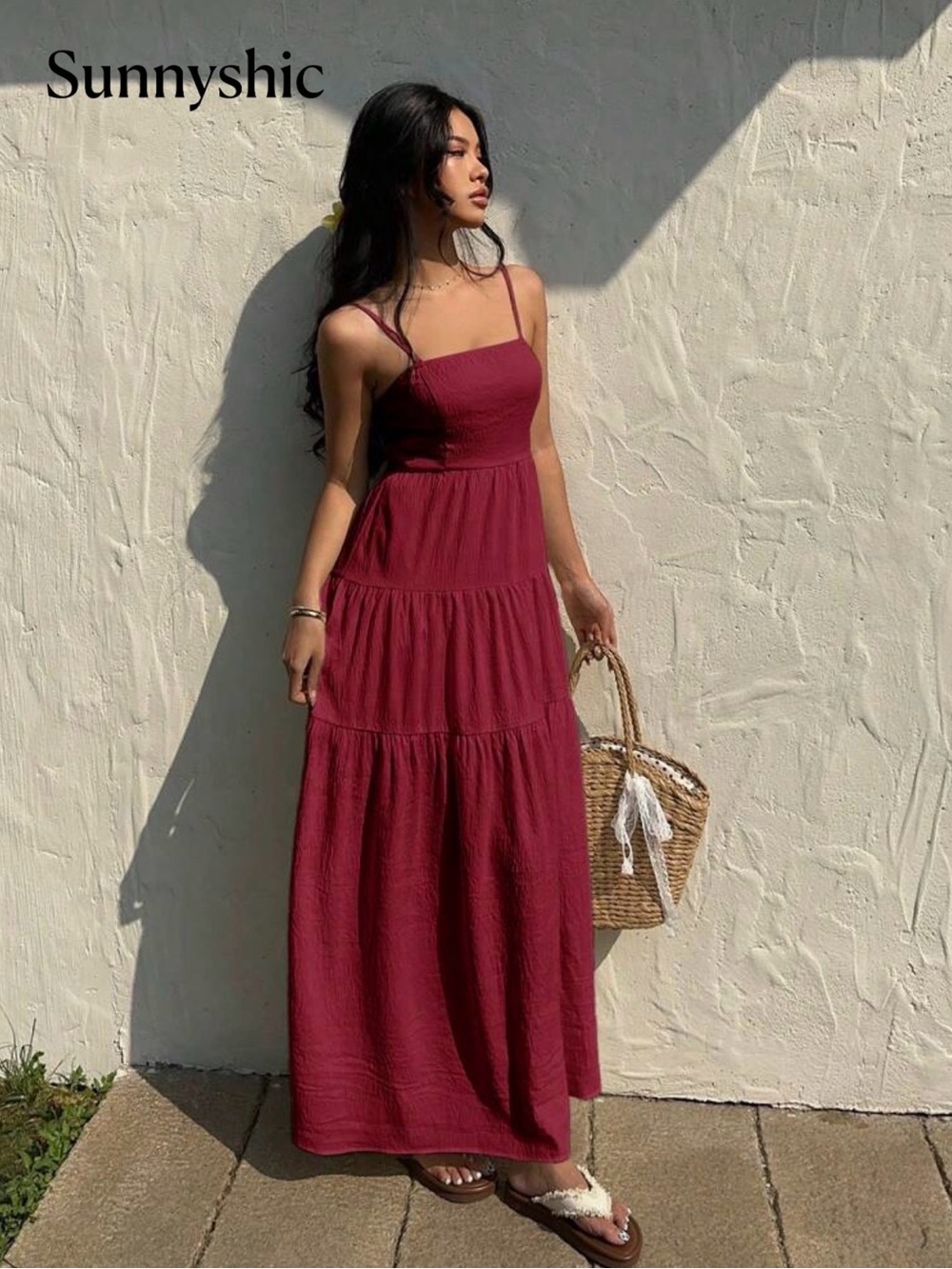 SHEIN Burgundy Smocked-Strap Tiered Maxi Dress